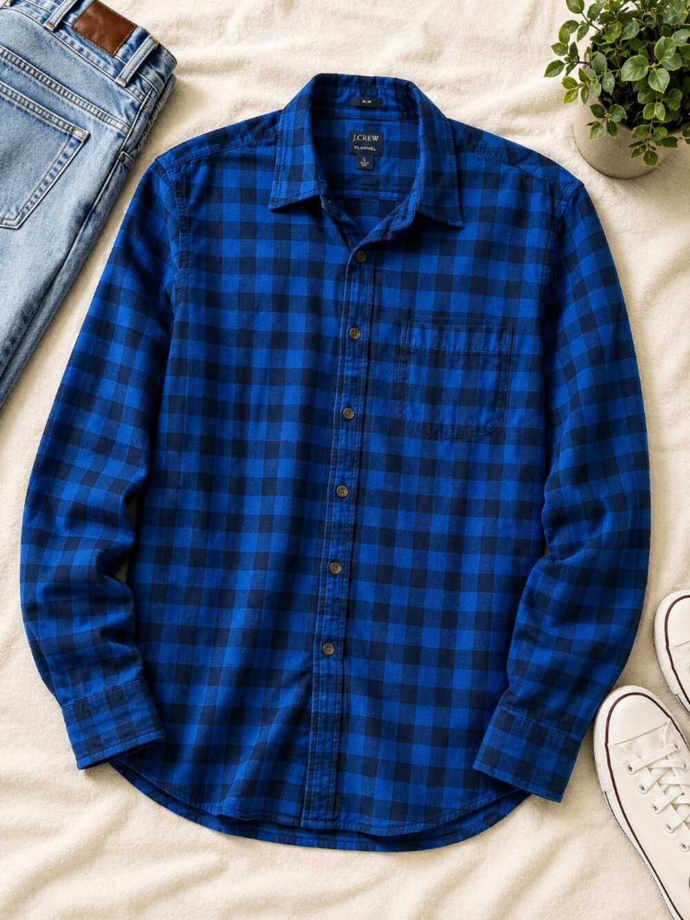J.Crew Blue Plaid Flannel Shirt Men's Large Slim Fit Long Sleeve Button Down